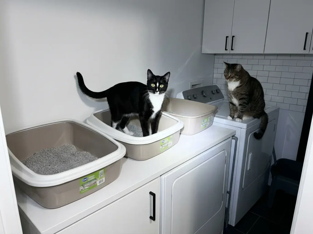 Three litter boxes lined along a utility room wall with two cats in frame at once