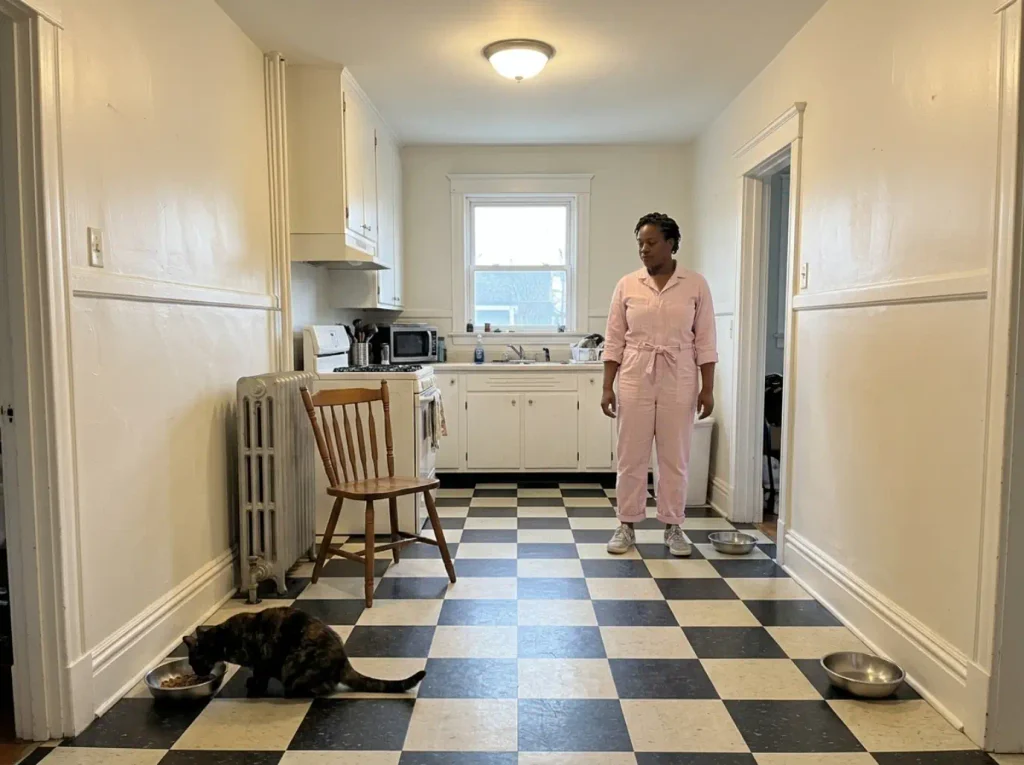 Three stainless steel cat bowls placed in separate corners of a small kitchen