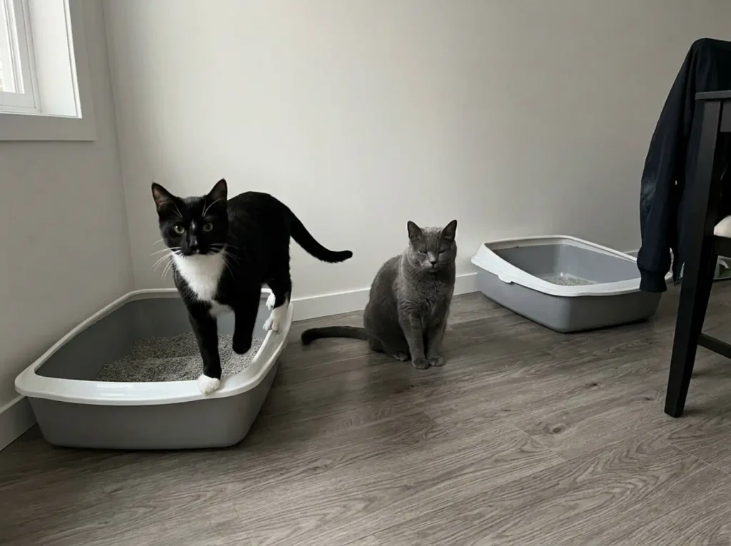 Two litter boxes side by side in a small home, showing how cat count changes the cleaning schedule