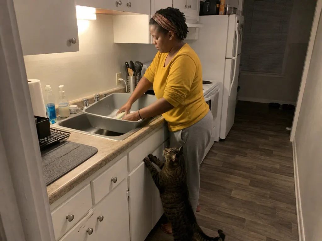 Litter box being washed in a rental kitchen during the weekly full change