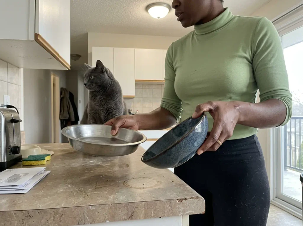 Woman's hands holding a wide shallow cat bowl beside a narrow deep one on a rental kitchen counter