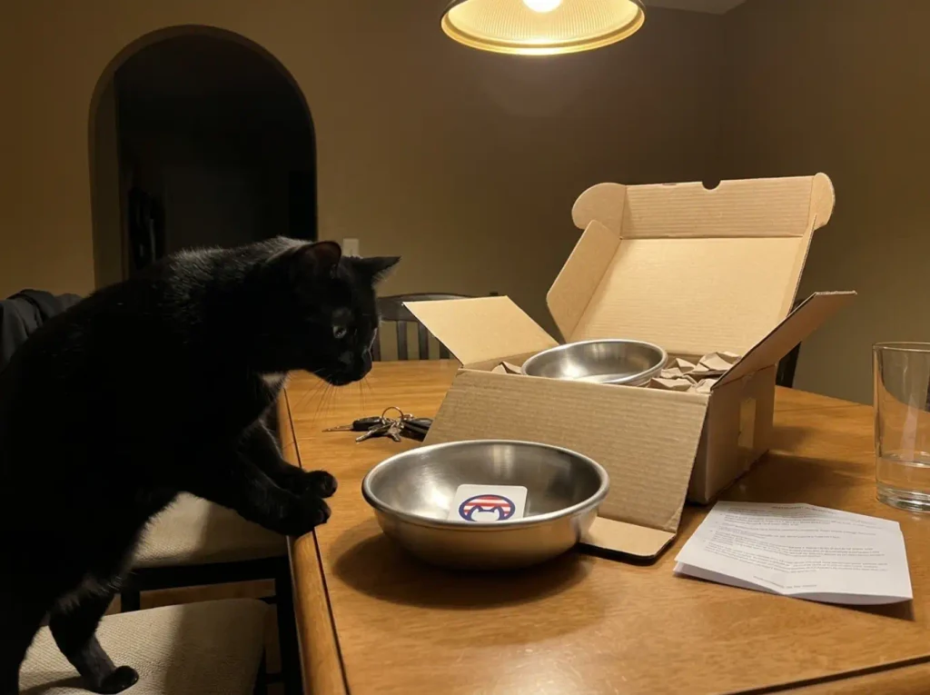 Two shallow stainless steel Americat cat bowls on a kitchen table with a black cat approaching