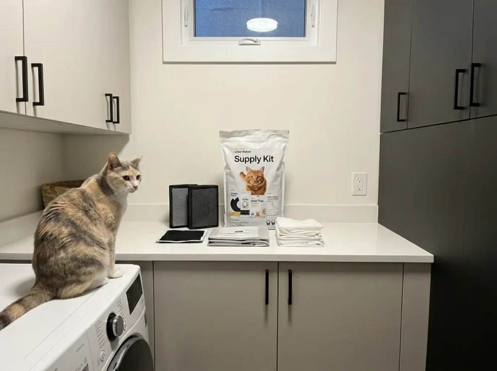 A supply kit of liners, filters and wipes on a laundry counter next to an automatic litter box