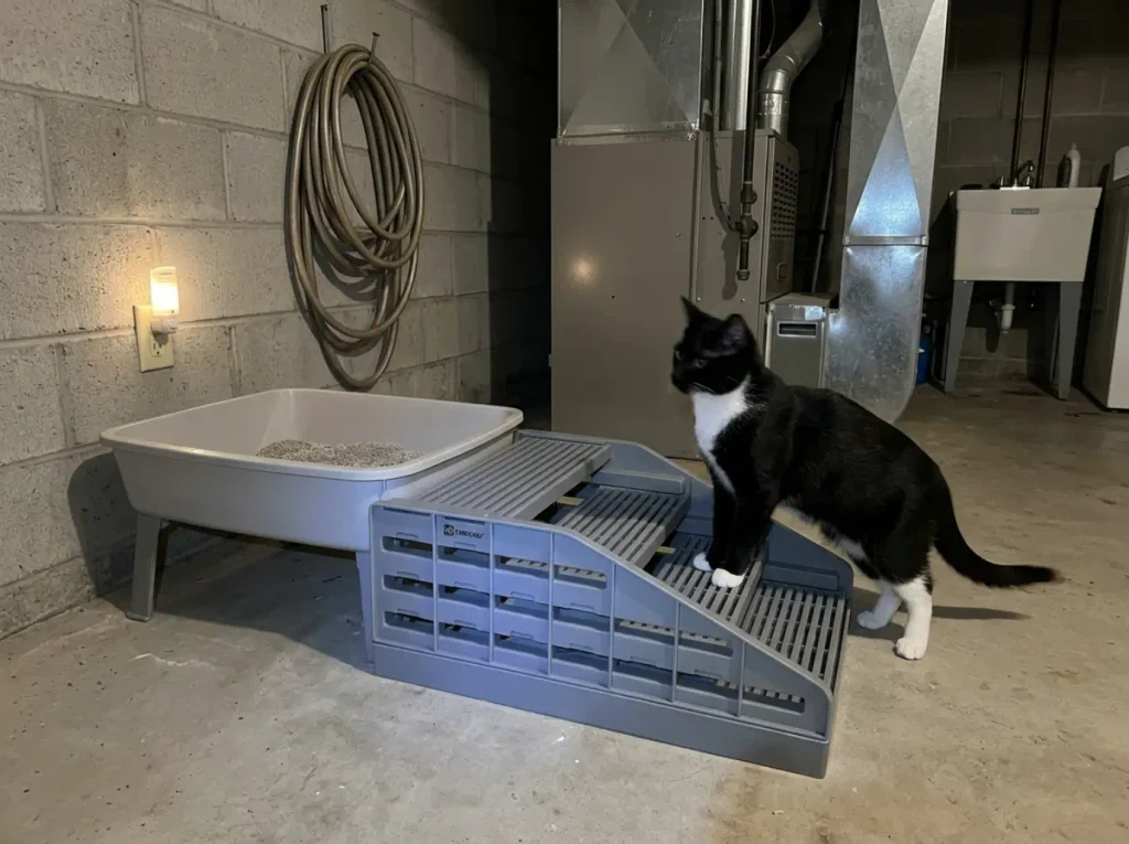 Litter box raised on an adjustable step in a basement corner, lit by camera flash, with a tuxedo cat beside it