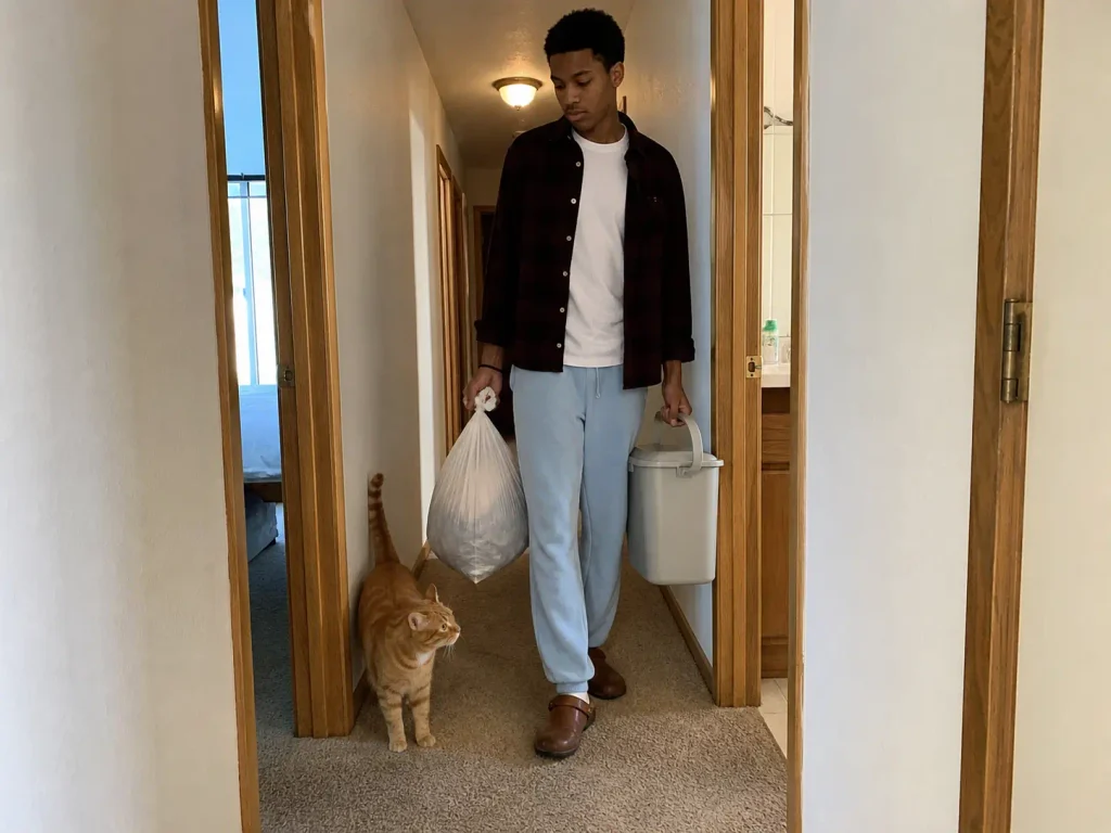 Teenager carrying a lidded litter pail down a carpeted hallway with an orange cat alongside