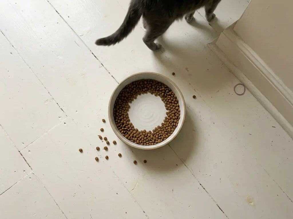 Half-eaten cat bowl with a ring of food left around the wall and the center cleared