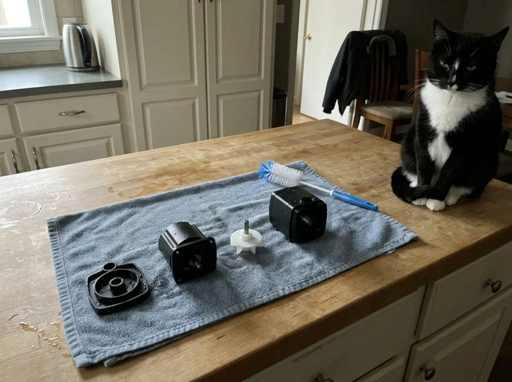 Cat fountain pump parts laid out in order on a dish towel beside the kitchen sink
