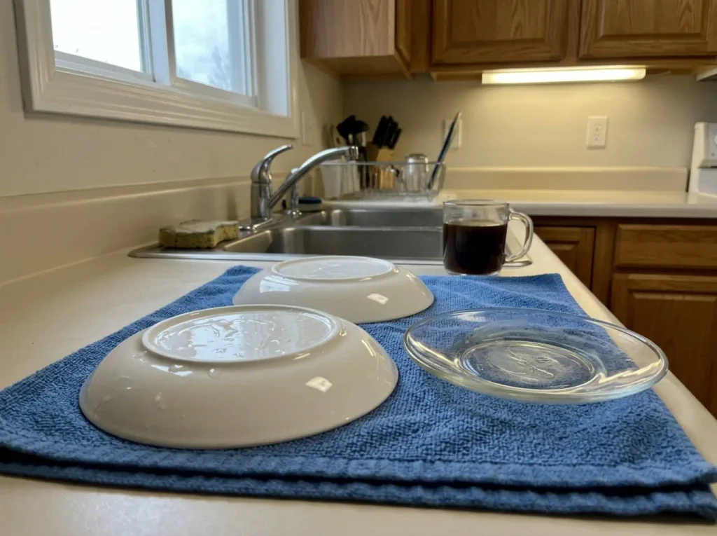 Ceramic and glass cat dishes drying on a kitchen counter beside the sink