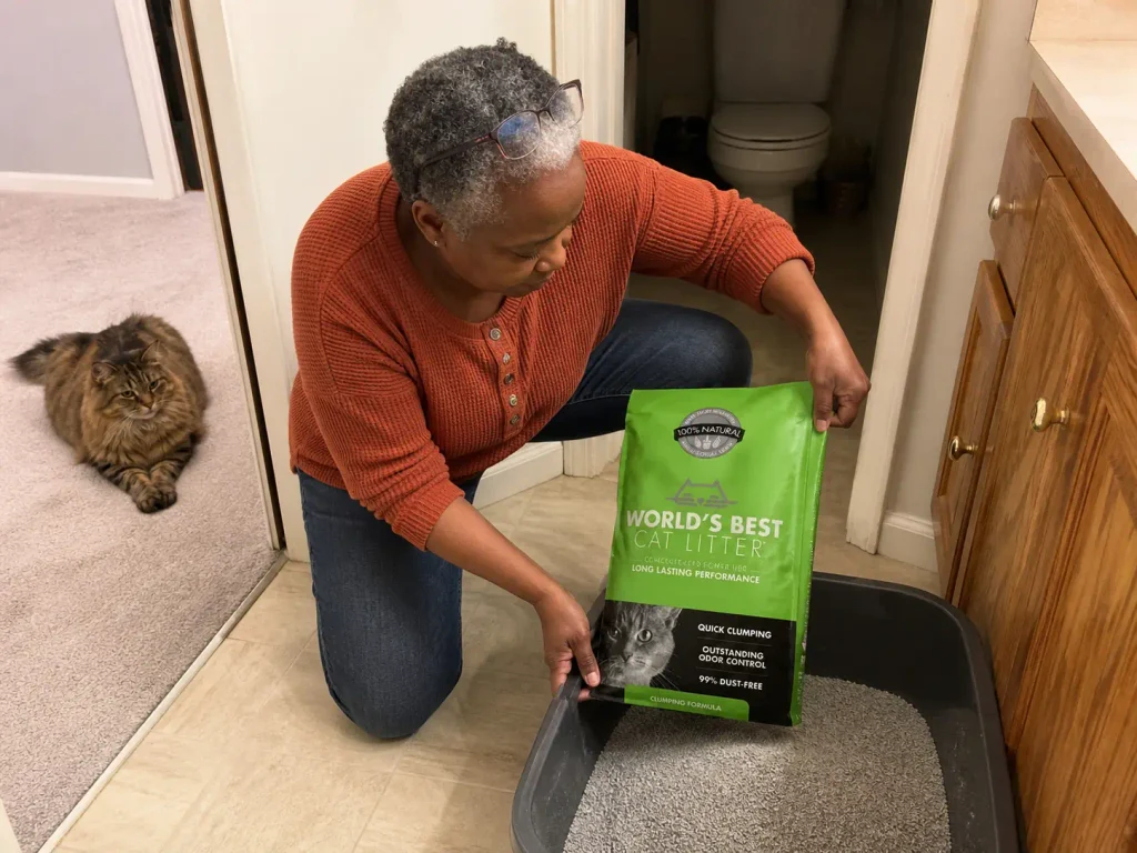 Pouring clumping litter into an open litter box while a long-haired cat watches from the hallway