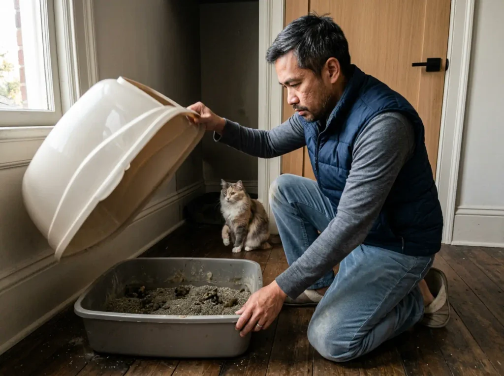 A covered litter box with the lid lifted off, held to one side, showing what was underneath