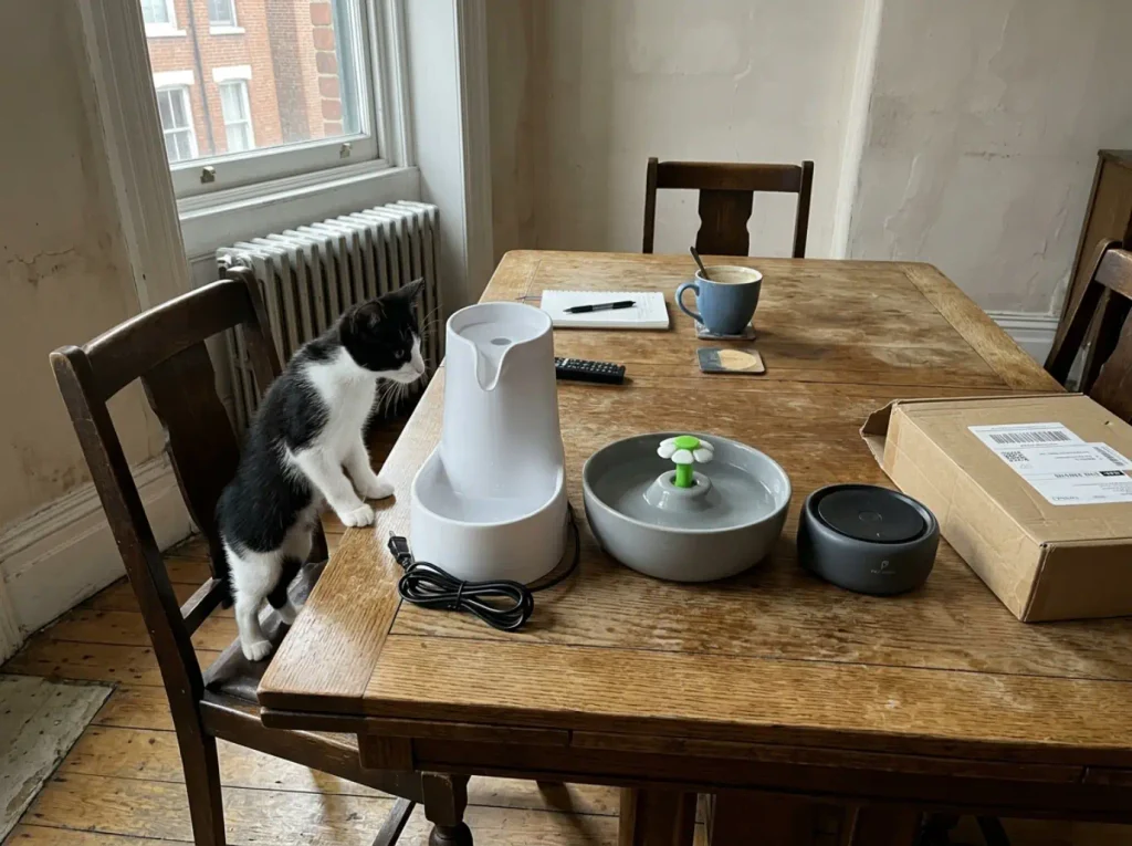 Three different cat water fountains unboxed on a dining table with a kitten watching