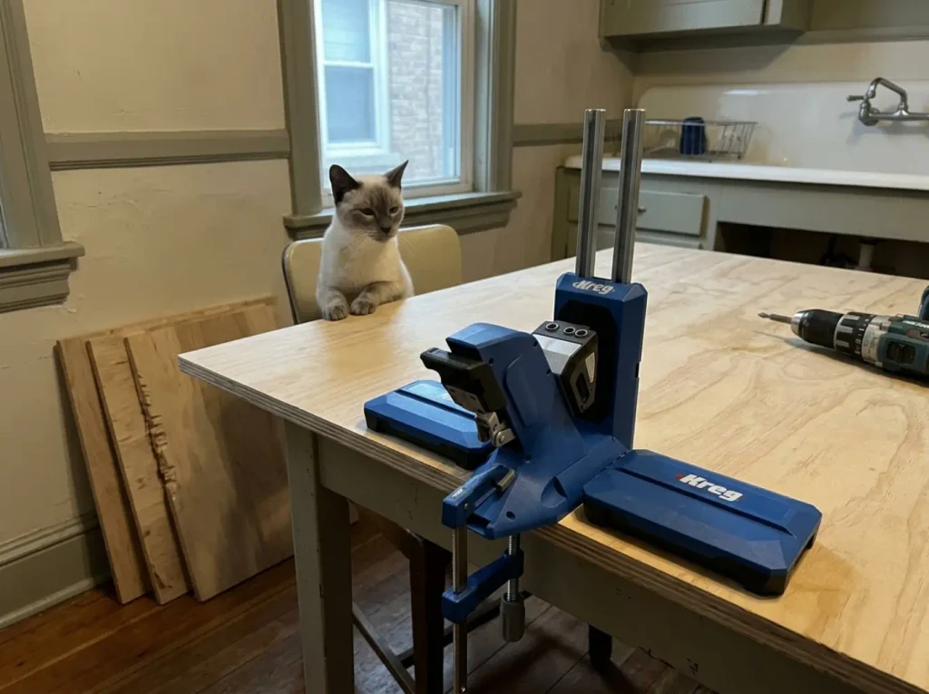 Kreg pocket-hole jig clamped to a plywood panel on a kitchen table, cut panels stacked alongside for a cabinet build
