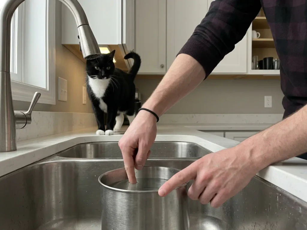 A finger run along the inside wall of a cat fountain reservoir below the waterline to check for film