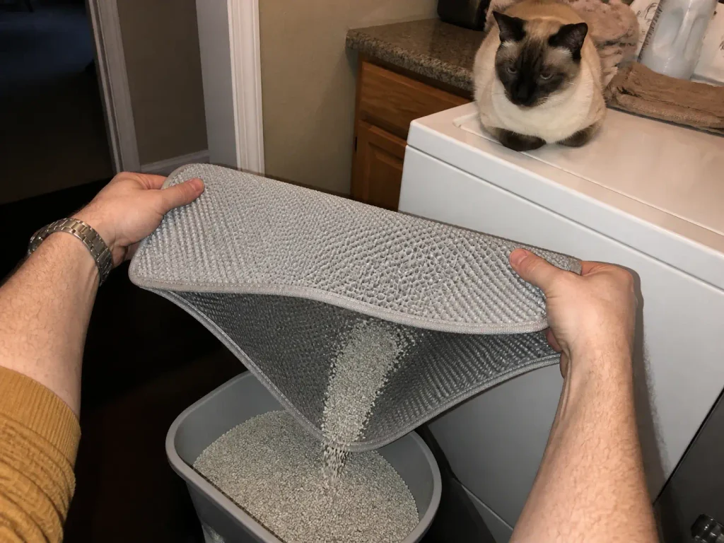 Hands spreading the two layers of a honeycomb litter mat to tip trapped litter back into the box