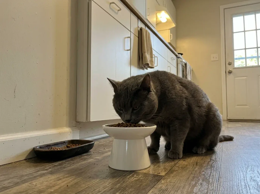 A large tabby cat eating from a wide elevated ceramic cat bowl on a kitchen floor