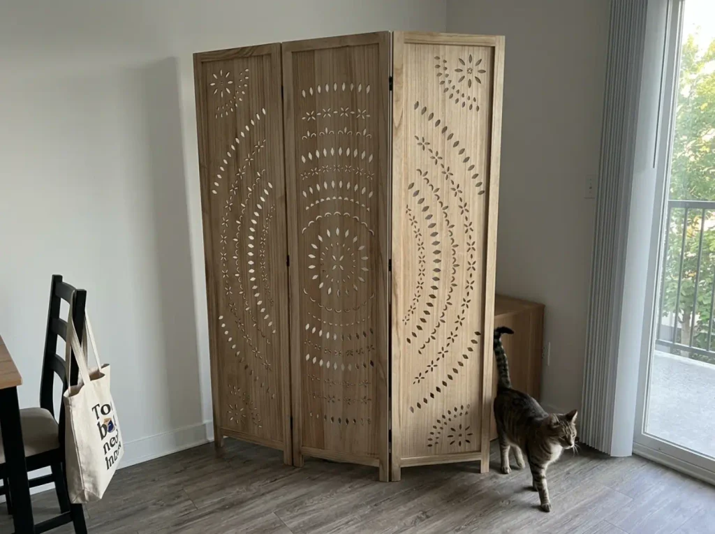 Folding room divider screening a litter box corner in a small rental apartment living room