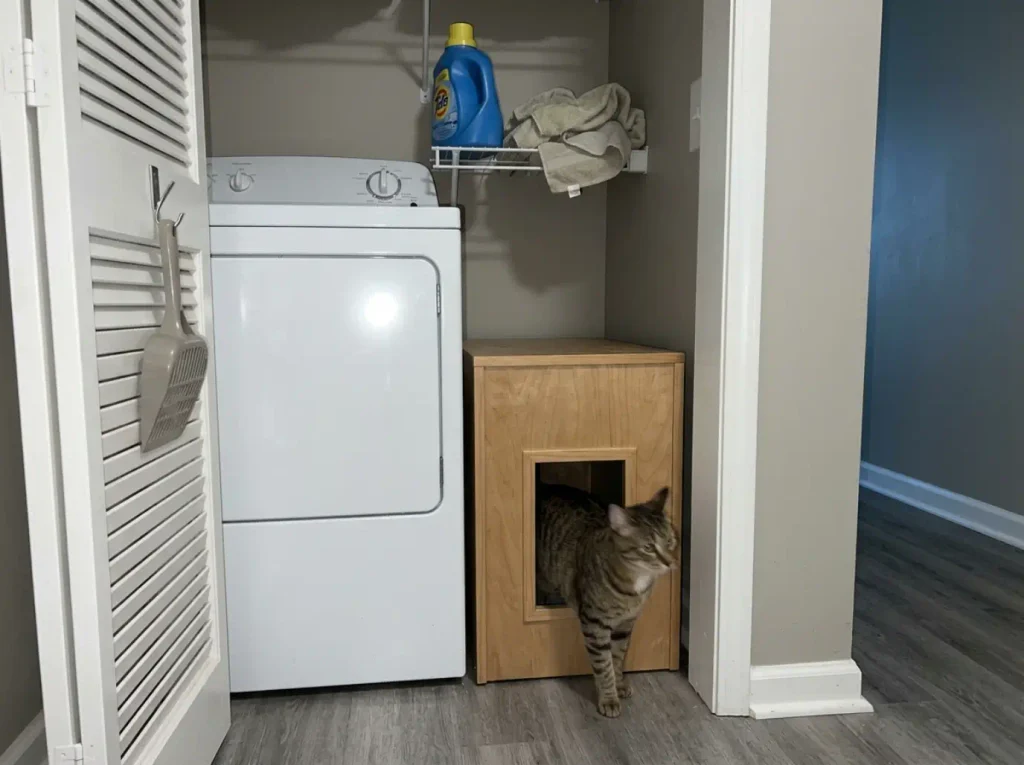 Litter box cabinet wedged in a dark laundry closet with no airflow behind it
