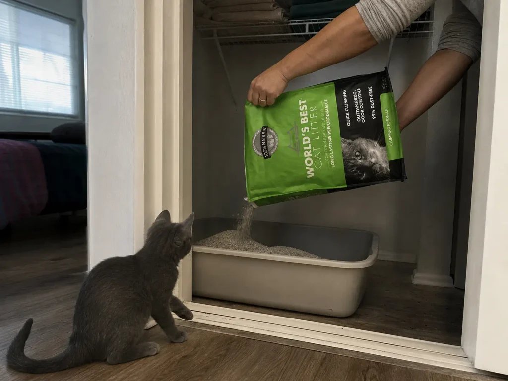Pouring clumping litter into a box to the correct two to three inch depth