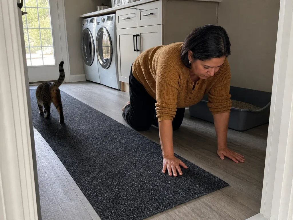 Woman kneeling to lay a long runner mat in the cat's exit path from the litter box