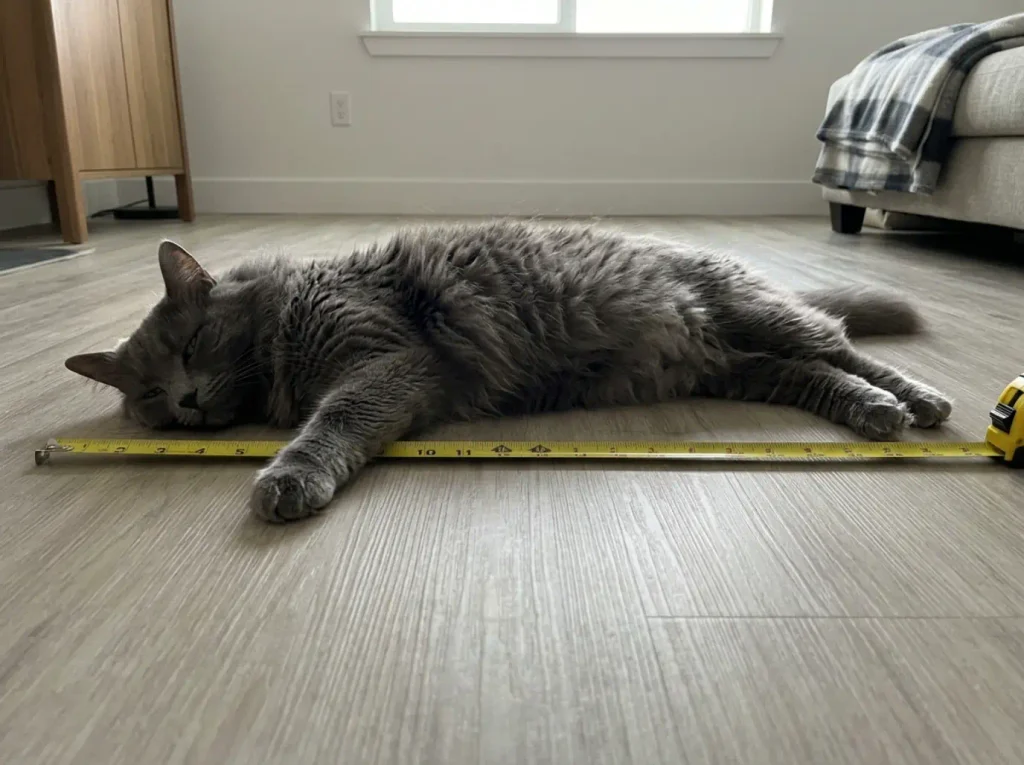 Long-haired cat stretched out on the floor next to a tape measure running nose to tail base