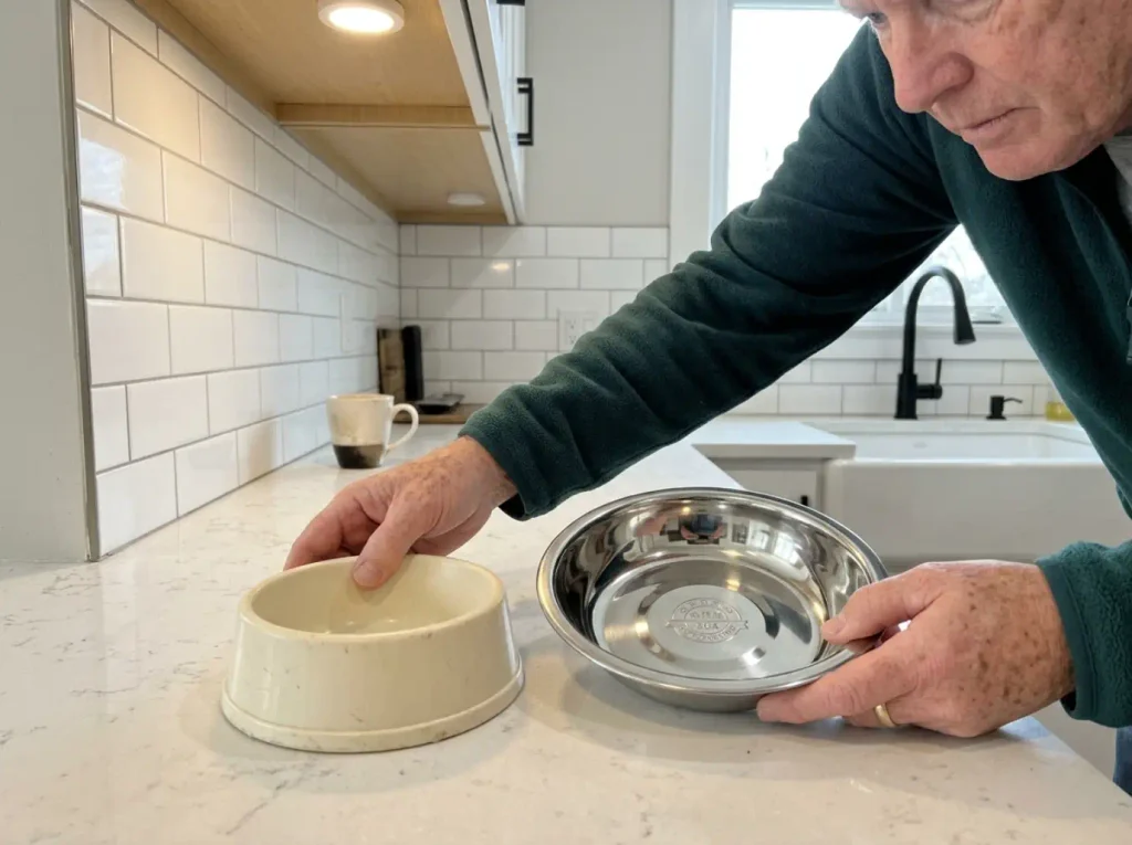 A narrow deep cat dish beside a wide shallow steel bowl on a kitchen counter, held for comparison