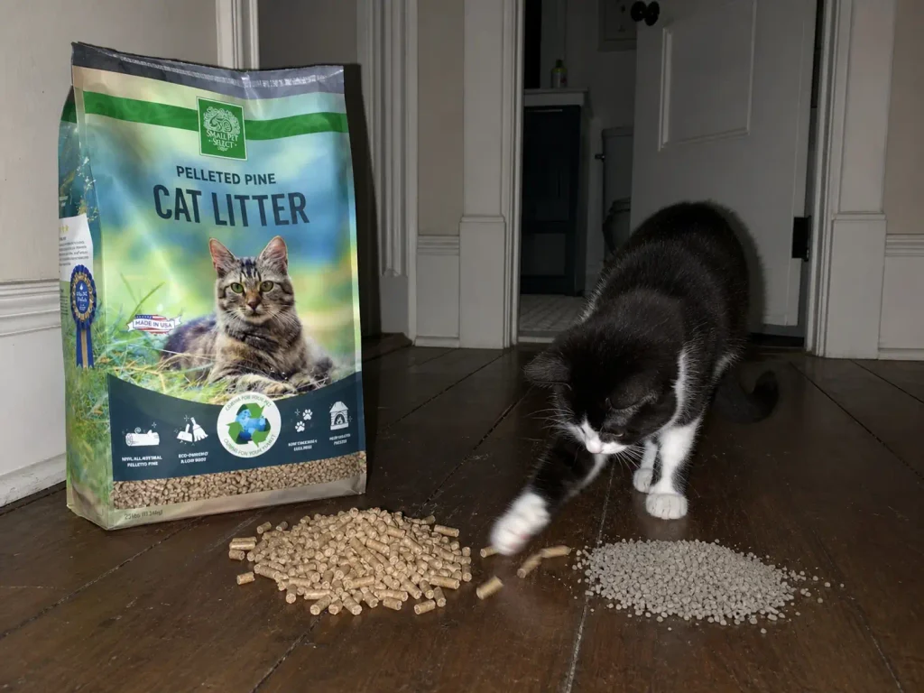 Bag of pine pellet cat litter open on a hallway floor beside a bowl of clay litter for comparison