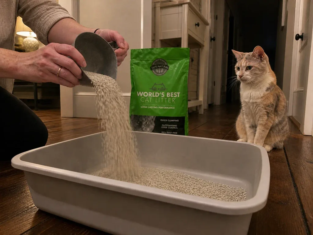 Hands pouring a scoop of corn clumping litter into an empty box to test the dust cloud