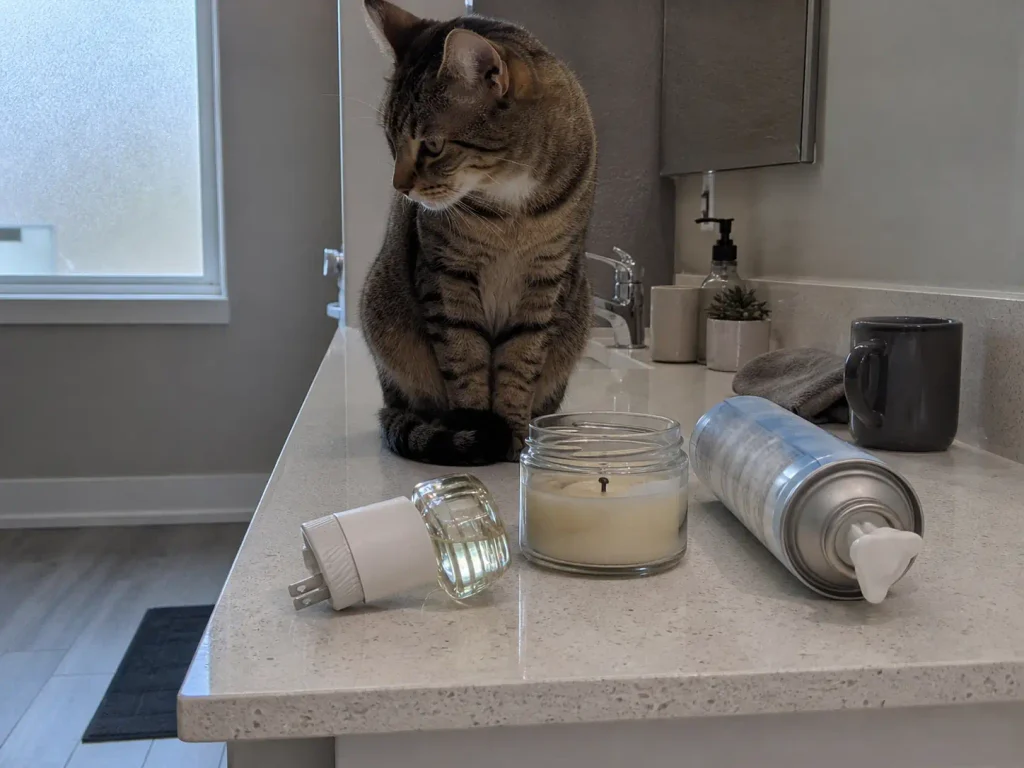 Scented plug-in and a candle set aside on a bathroom counter after being removed from near the litter box
