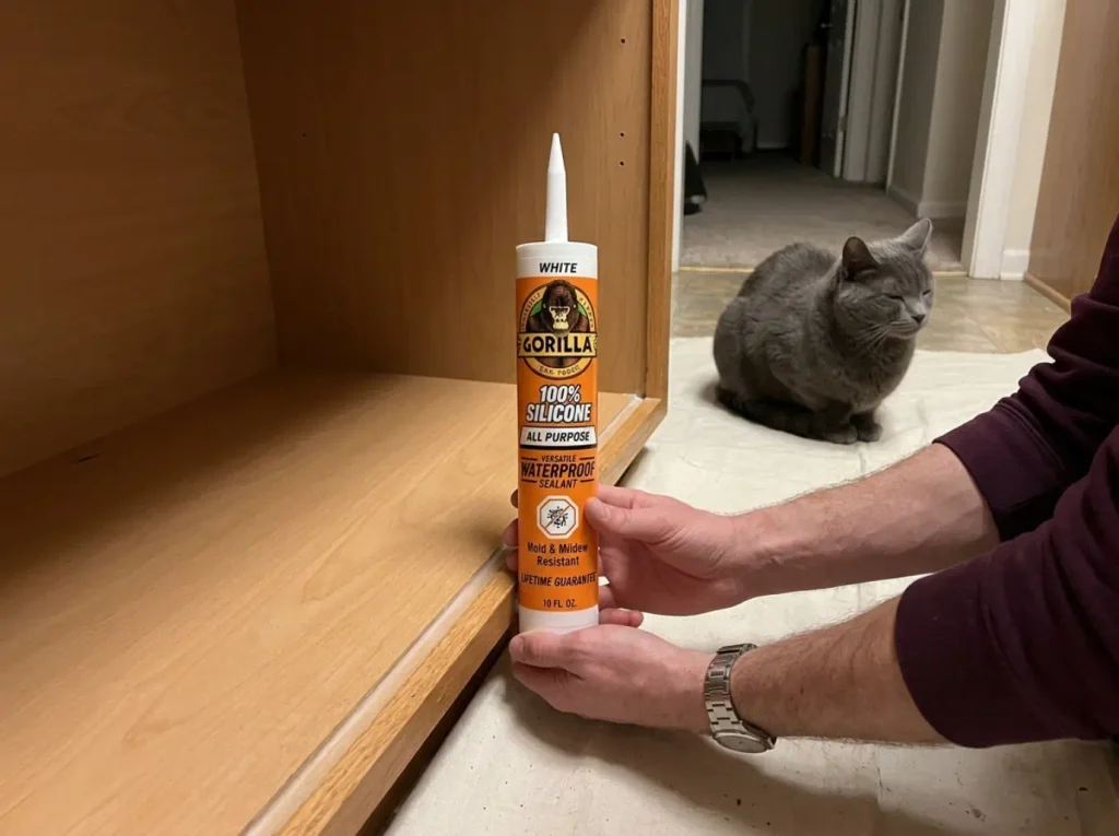 Hands holding a silicone caulk cartridge beside the interior base joint of a litter box enclosure