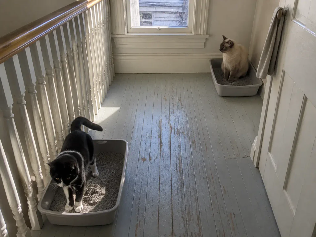 Two litter boxes placed apart on a landing with two cats using the space at once