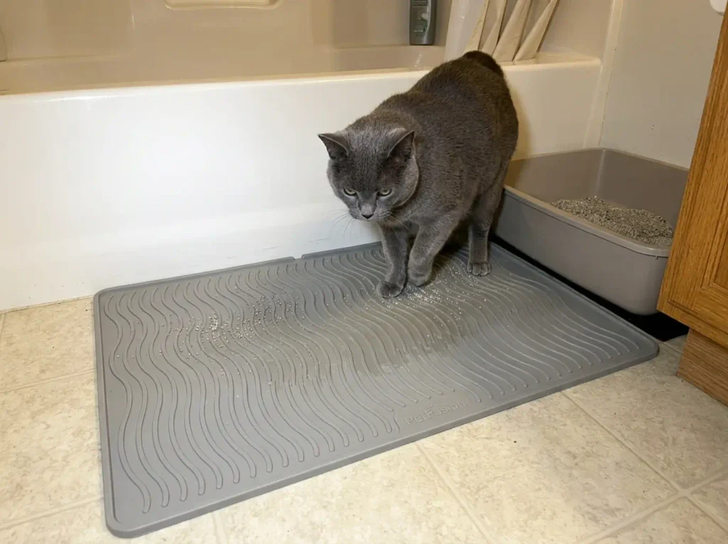 Waterproof litter mat on a bathroom floor beside a tub where shower water reaches