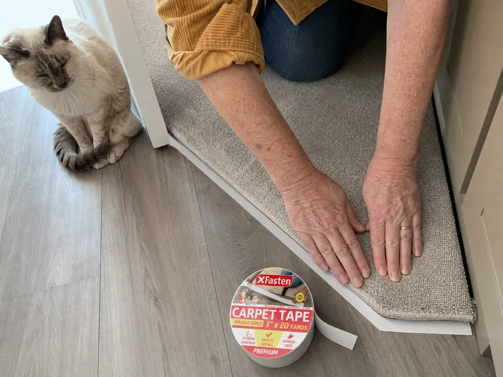 Hands pressing a corner of a litter mat down onto rug tape beside a bathroom vanity