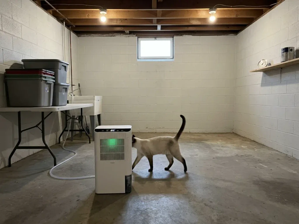 Compact dehumidifier running in an unfinished basement with a small hygrometer on a shelf across the room