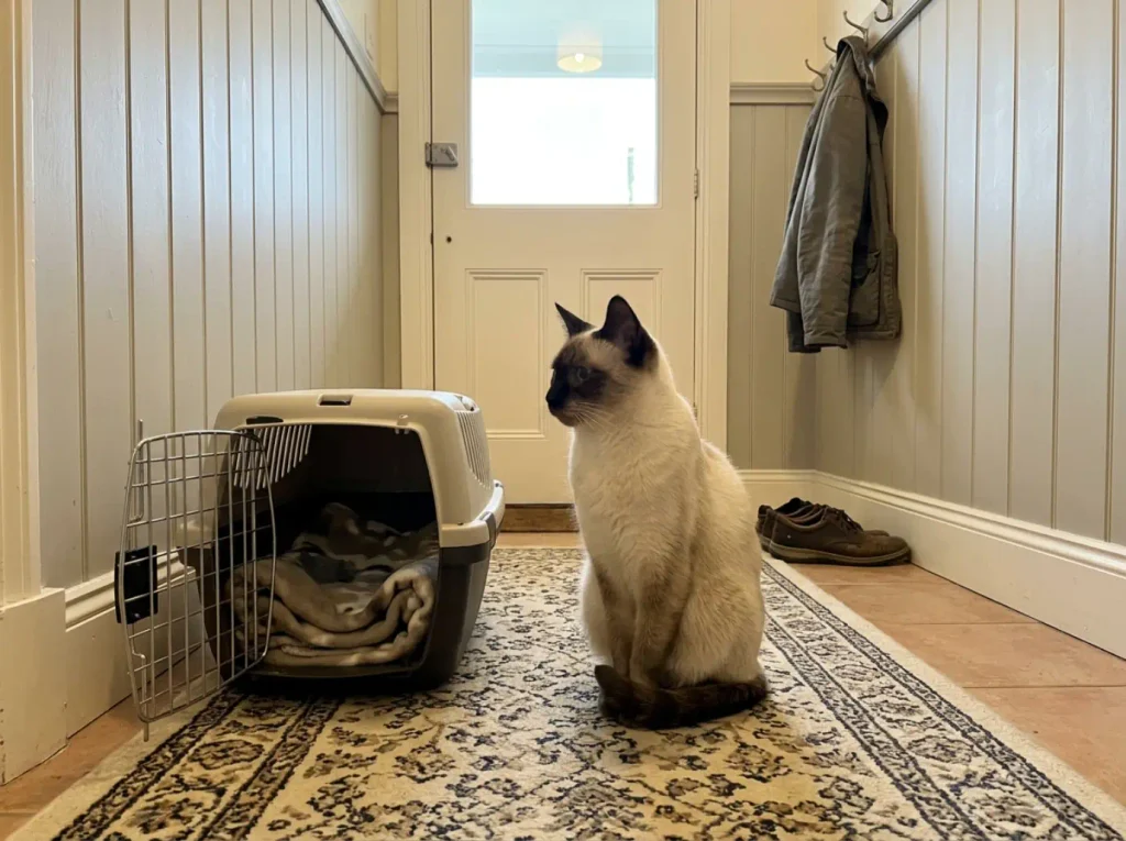 Open cat carrier on a hallway rug with a calm cat sitting beside it