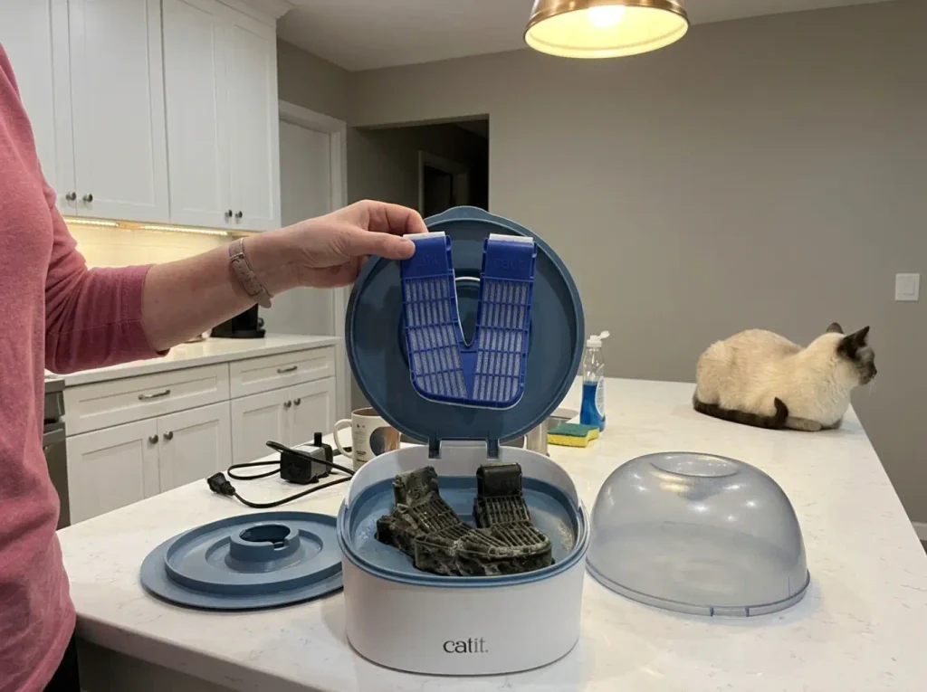 A carbon filter cartridge held above a cat fountain lid with the used one still seated in place