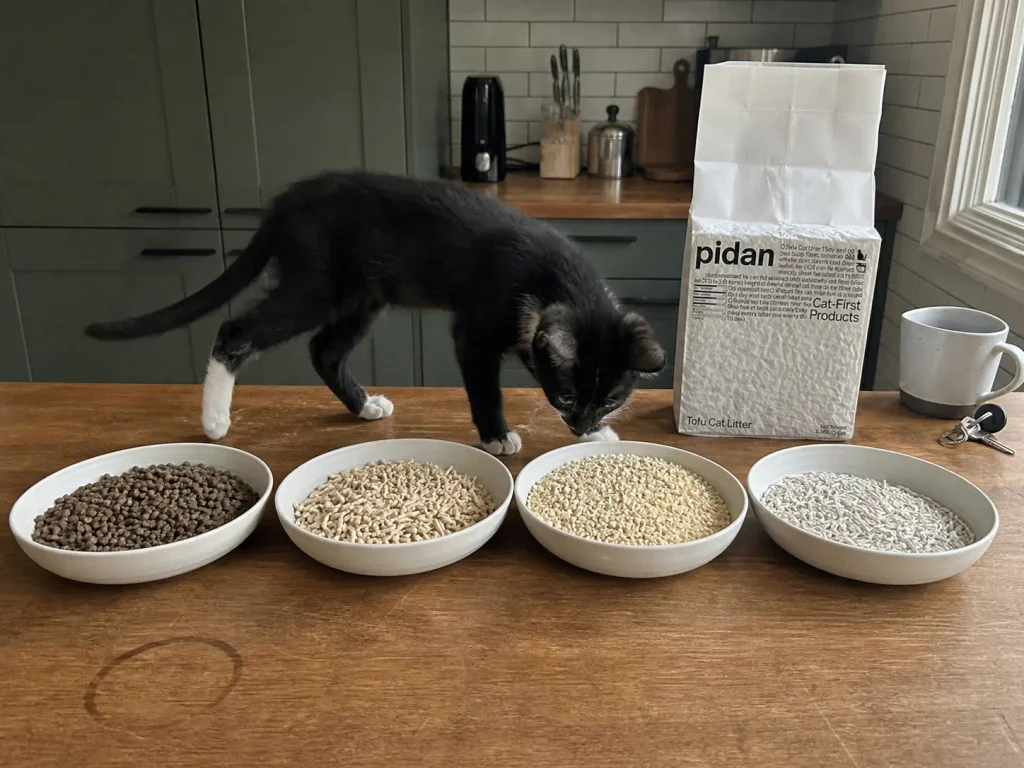 Four small bowls of different cat litter materials lined up on a kitchen counter for comparison
