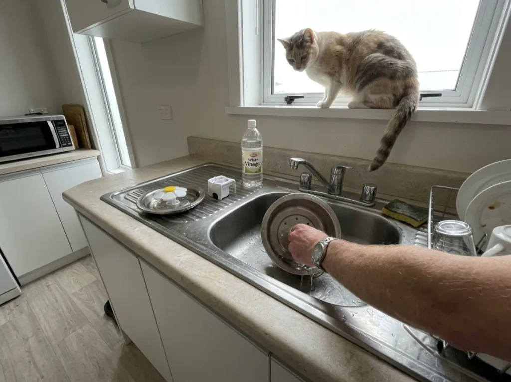 Catit Stainless Steel Flower Fountain taken apart in a studio apartment sink for cleaning
