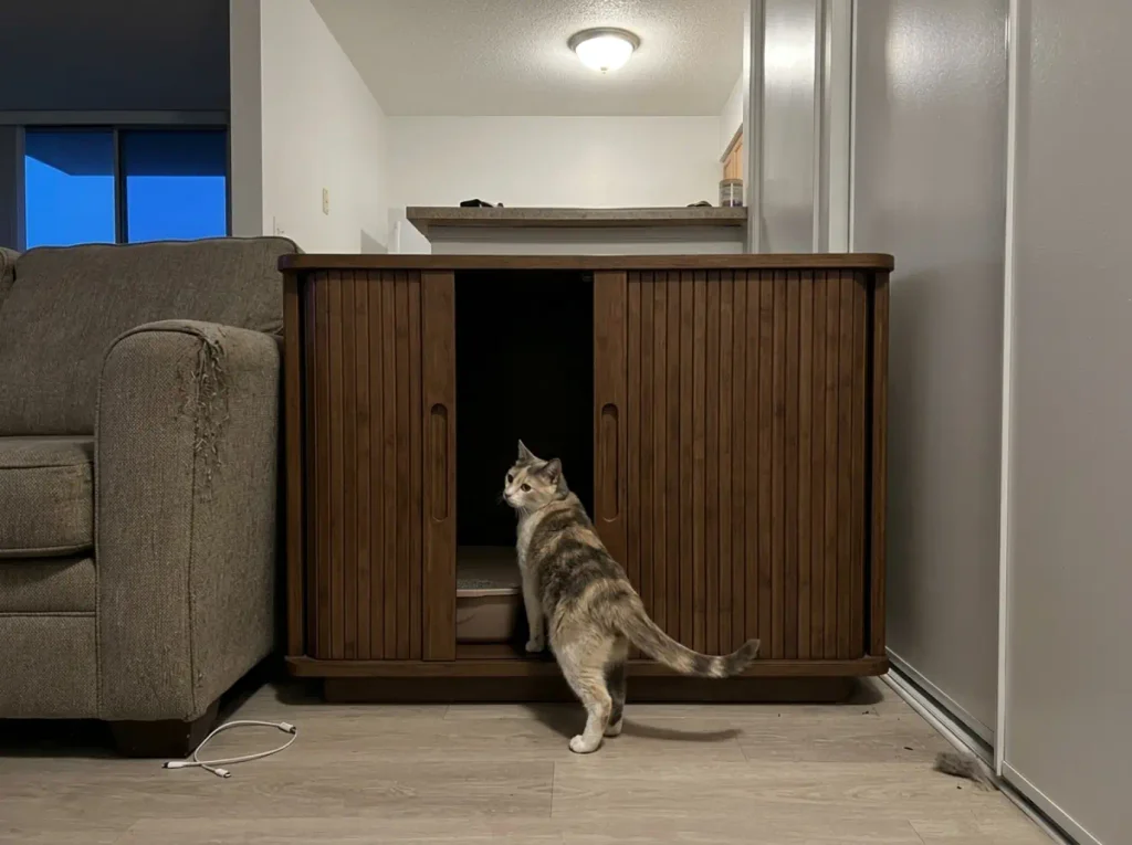 Compact tambour-door litter box cabinet tucked into a narrow gap in a studio apartment