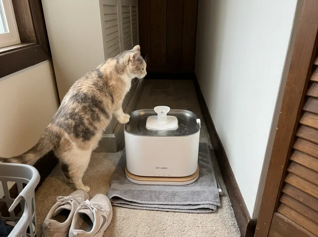 Cordless cat water fountain set in the gap beside a wardrobe, well away from the bed, no cable at all