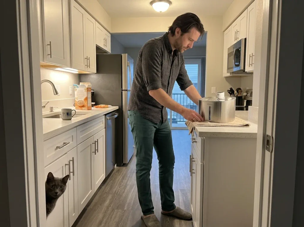 Man setting a cordless stainless cat fountain on a folded towel on an apartment counter