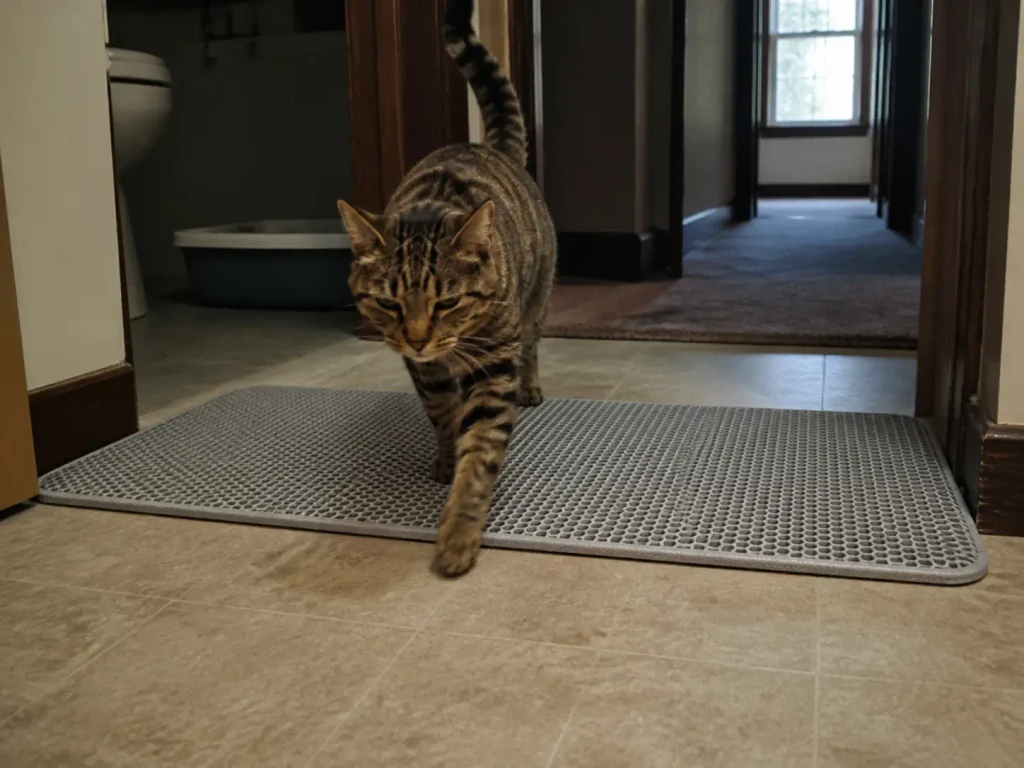 Large honeycomb litter mat laid along a bathroom doorway with a cat walking its full length