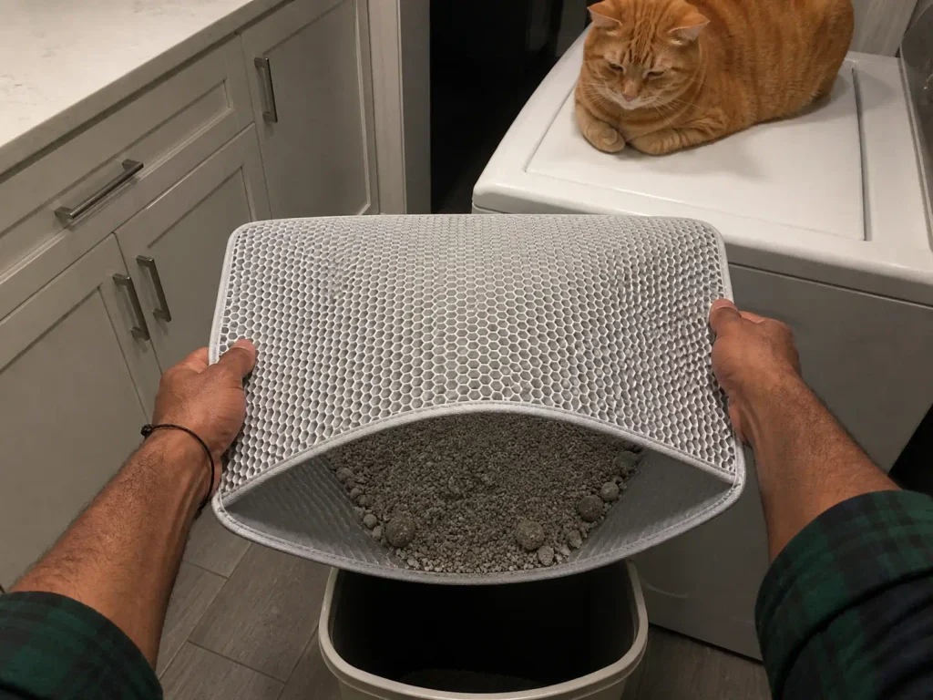 Hands lifting the top layer of a honeycomb litter mat to pour trapped litter into a bin