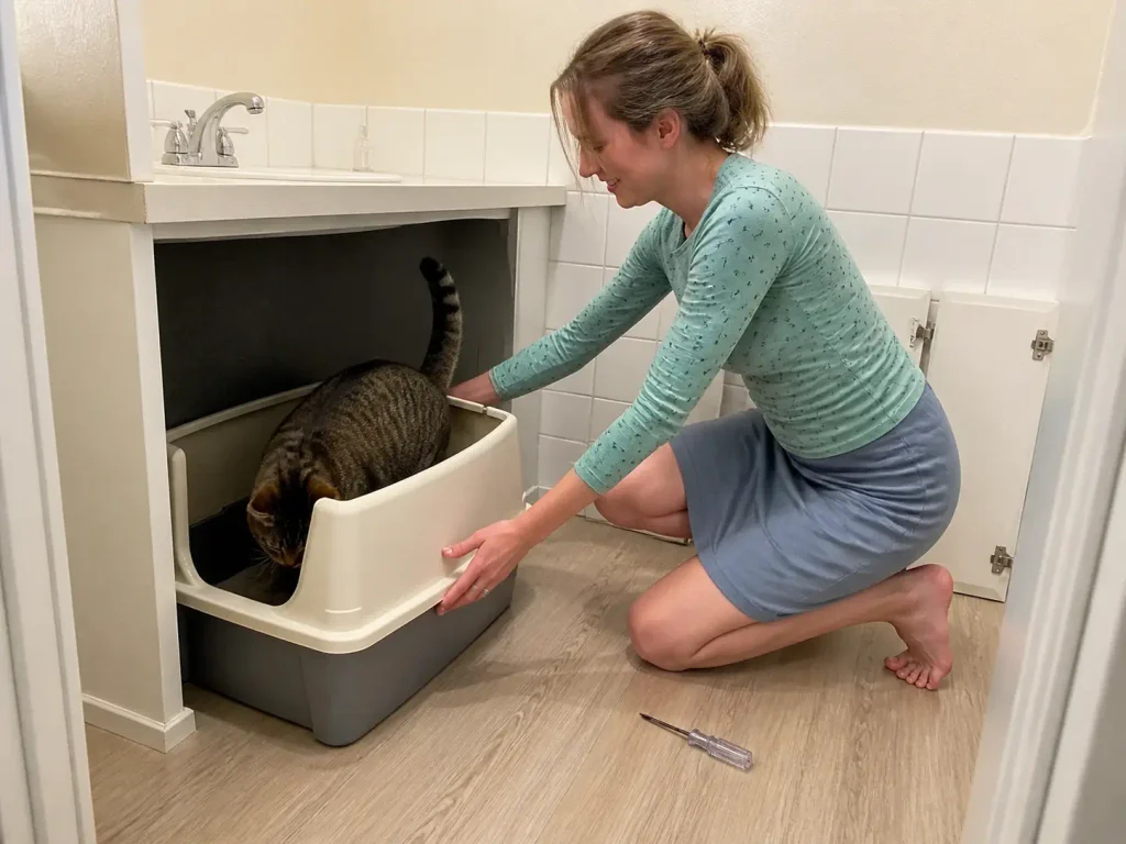 Large litter box fitted under a bathroom vanity with the cabinet doors removed