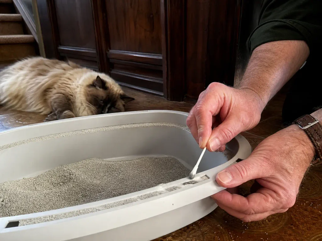 Cotton swab held beside the inner rim of a litter box base where litter dust has settled