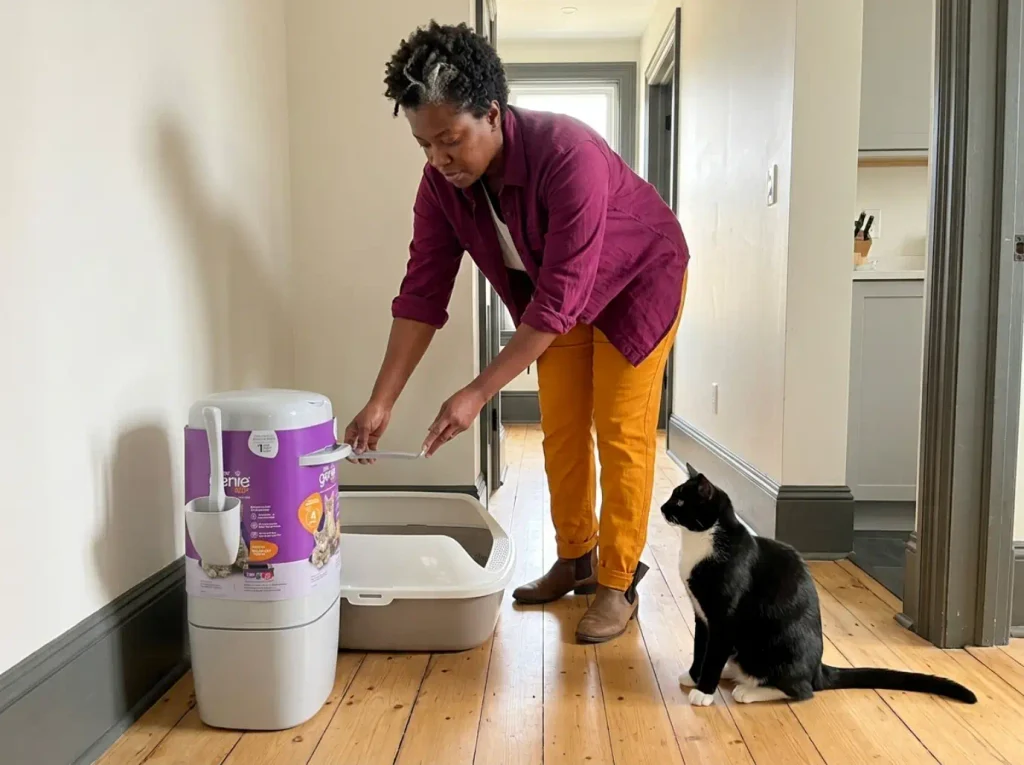 A sealed litter disposal pail standing beside a litter box in a hallway, lid trap door open