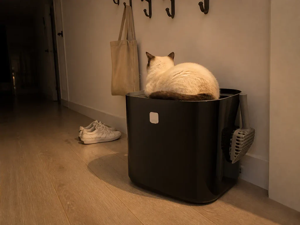 Modkat top-entry litter box in a hallway corner with a cream point cat resting on the lid
