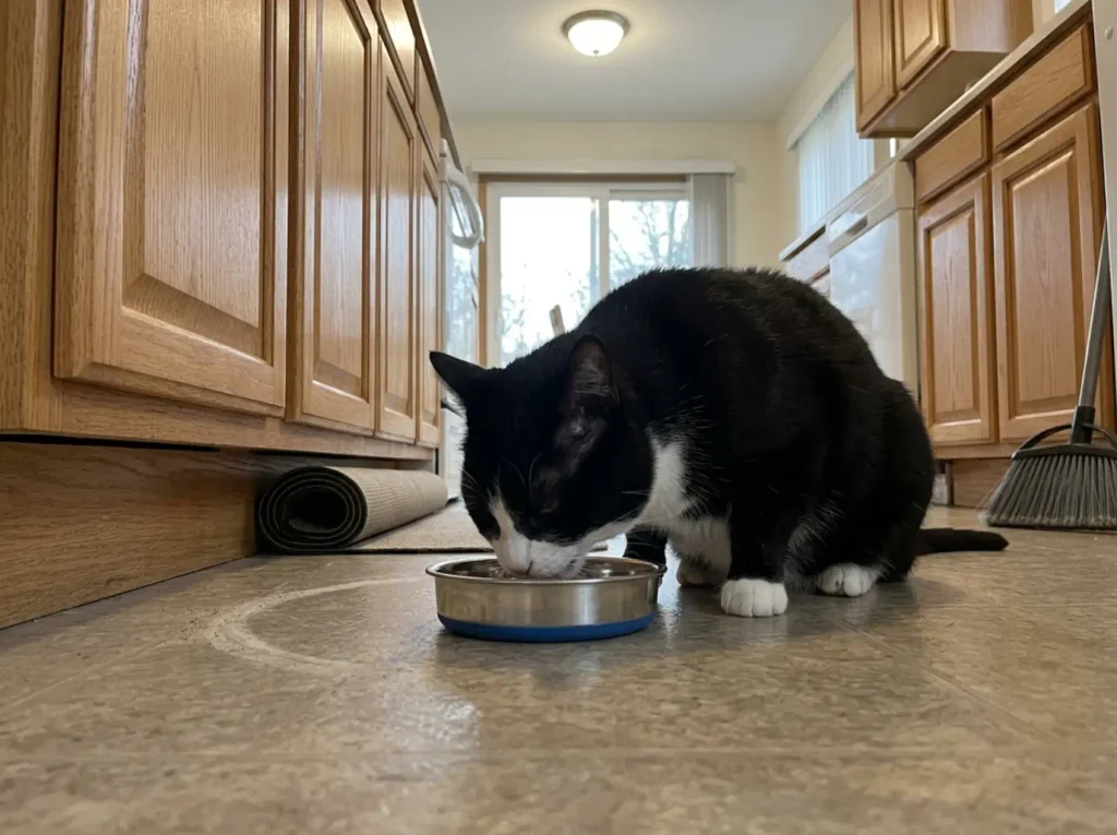 Weighted stainless steel cat bowl staying put while a large cat eats from it