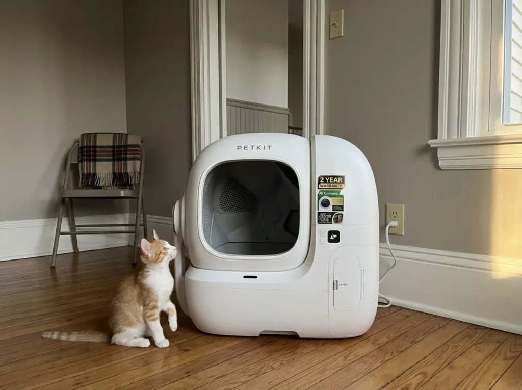 A camera-equipped automatic litter box in the corner of a spare bedroom with a kitten nearby