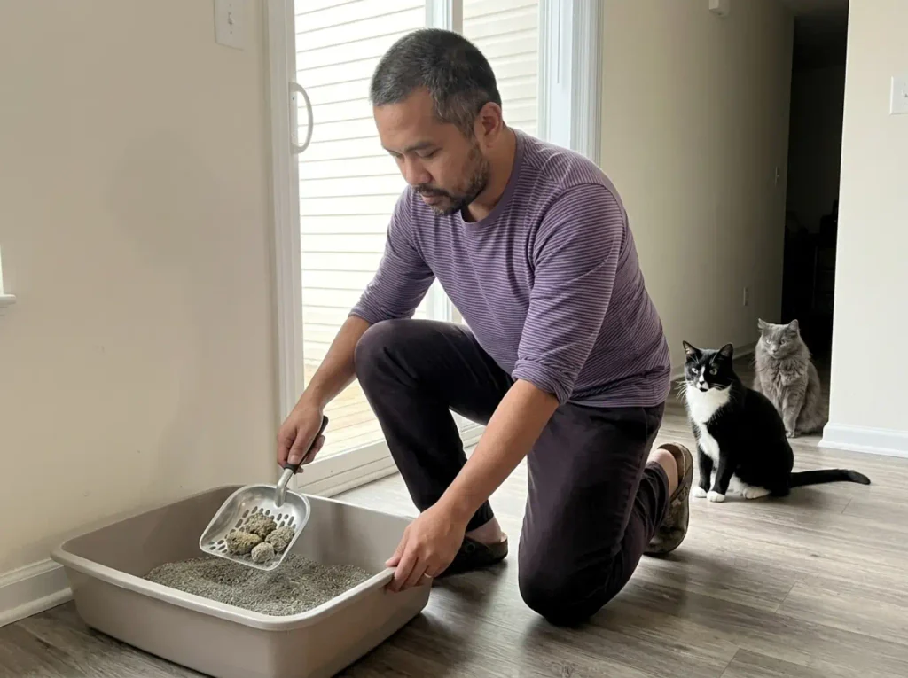 Deep-shovel metal litter scoop loaded with clumps, two cats waiting by the box