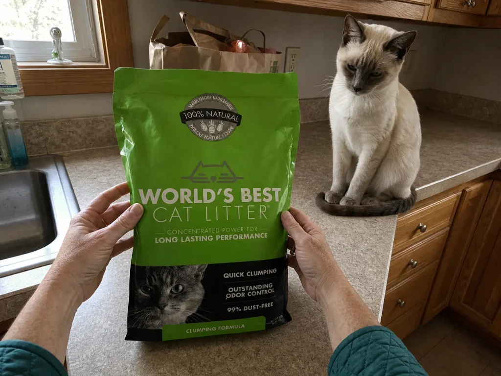 Hands turning a bag of corn-based cat litter to read the back while a cream cat sits on the counter